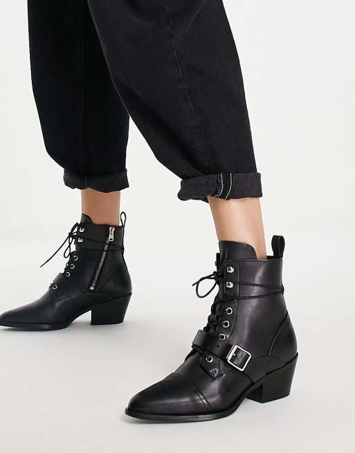 AllSaints Katy lace up heeled leather boots with buckle in black | ASOS