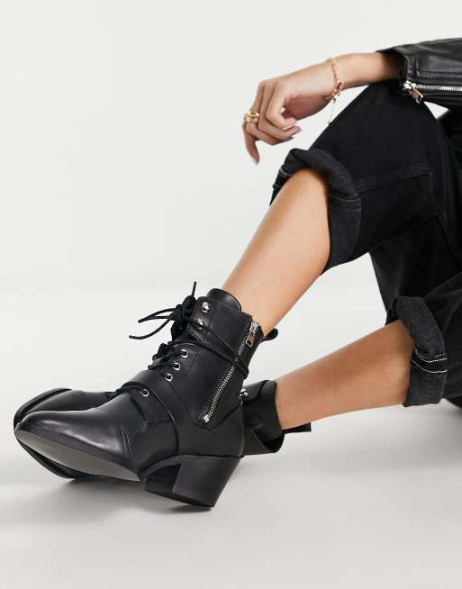 AllSaints Katy lace up heeled leather boots with buckle in