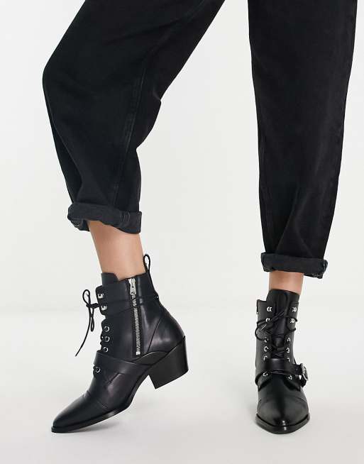 AllSaints Katy lace up heeled leather boots with buckle in black