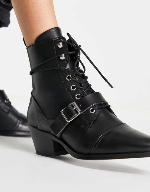 AllSaints Katy lace up heeled leather boots with buckle in