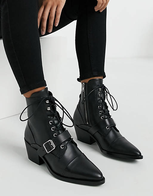 AllSaints Katy lace up heeled leather boots with buckle in black | ASOS