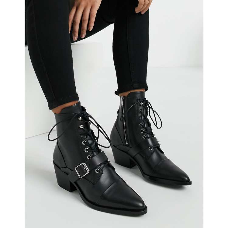 AllSaints Katy lace up heeled leather boots with buckle in black