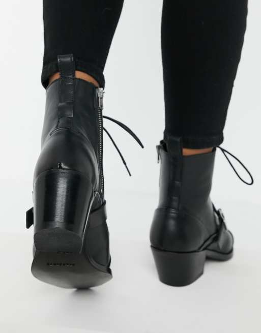 AllSaints Katy lace up heeled leather boots with buckle in black