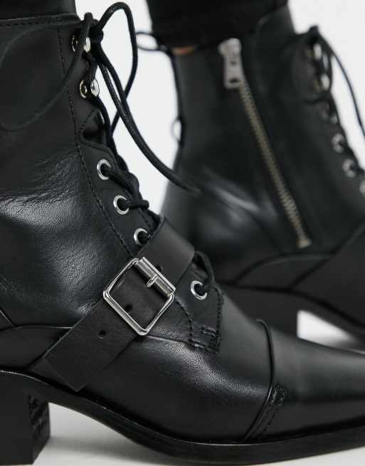 AllSaints Katy lace up heeled leather boots with buckle in black