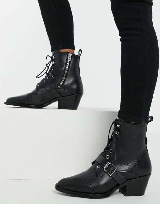 AllSaints Katy lace up heeled leather boots with buckle in black