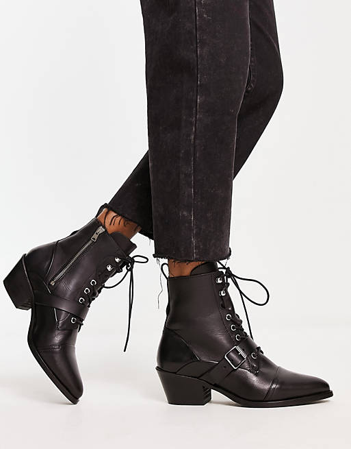 AllSaints Katy leather lace up ankle boots in black | ASOS