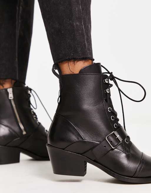 AllSaints Katy leather lace up ankle boots in black | ASOS