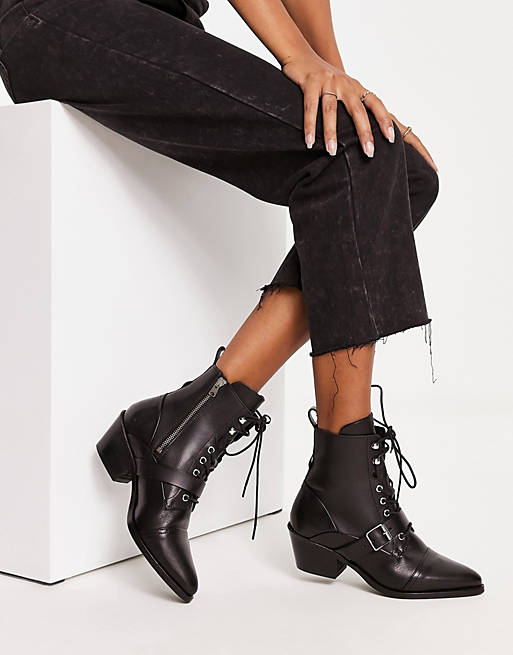 AllSaints Katy leather lace up ankle boots in black | ASOS