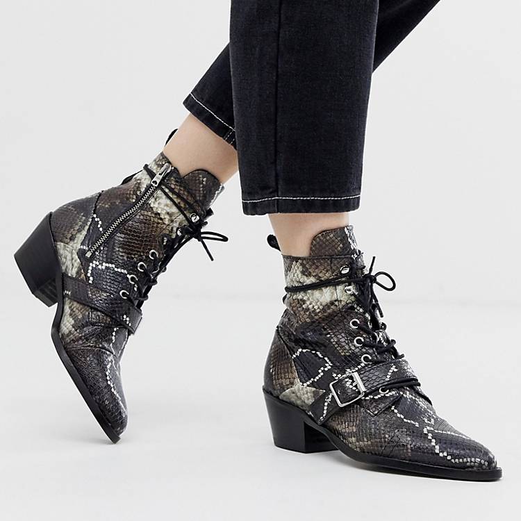 AllSaints Katy snake effect leather print heeled lace up boot with buckle