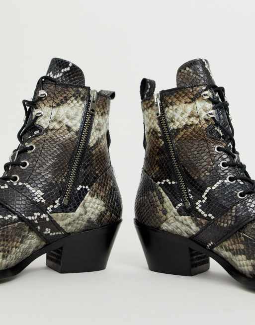 AllSaints Katy snake effect leather print heeled lace up boot with