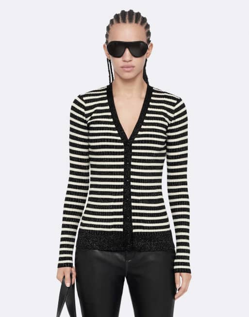 AllSaints Kay gestreifte Strickjacke in Schwarz/Chalk White, 4 von 6