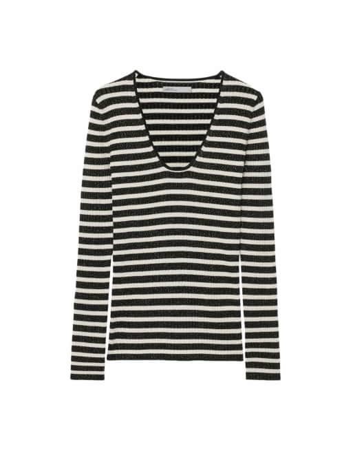 AllSaints Kay gestreiftes Oberteil mit V-Ausschnitt in Schwarz/Chalk White, 2 von 6