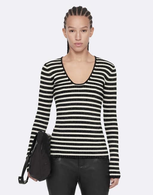AllSaints Kay gestreiftes Oberteil mit V-Ausschnitt in Schwarz/Chalk White, 4 von 6