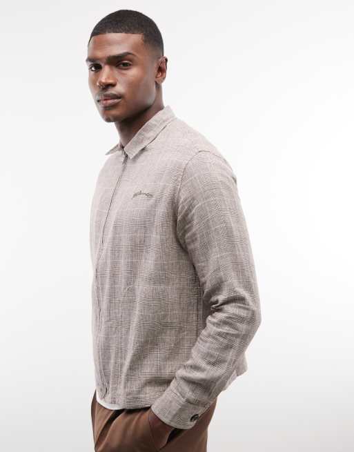 AllSaints – Keal – Jacke aus Leinenmix in Braun kariert mit Logo, 4 von 5