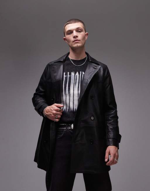 AllSaints Kessler relaxed leather overcoat in black