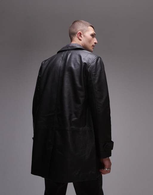 AllSaints Kessler relaxed leather overcoat in black