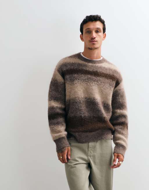 AllSaints Kian crew knit stripe jumper in brown, 2 of 5