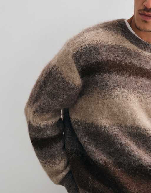 AllSaints Kian crew knit stripe jumper in brown, 5 of 5