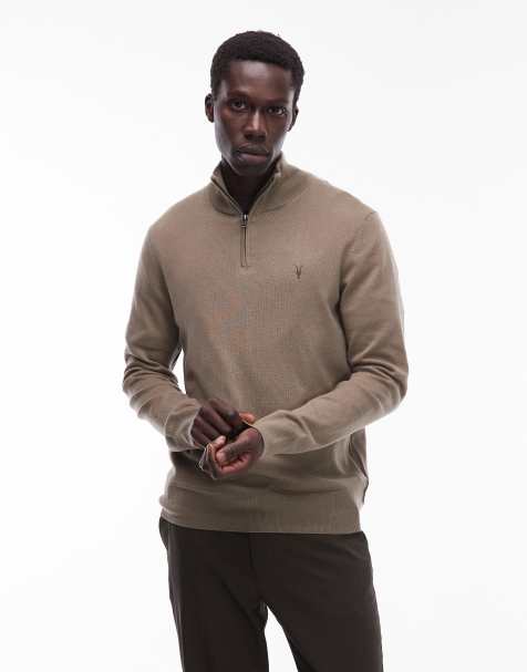 Allsaints Kilburn quarter zip jumper in green - KHAKI - view 1