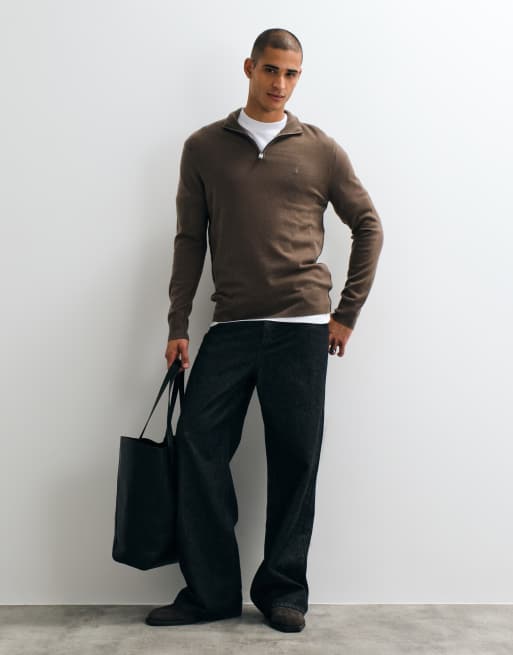 AllSaints Kilburn stickad sweatshirt med dragkedja, ståkrage och logga i brun ullmix, 3 av 5