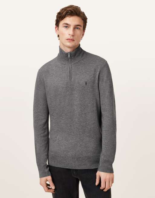 AllSaints – Kilburn – Sweatshirt in Monument-Grau mit Stehkragen und Reißverschluss