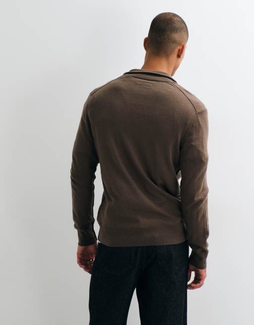 AllSaints Kilburn wool blend zip funnel neck logo knit sweatshirt in brown, 4 of 5