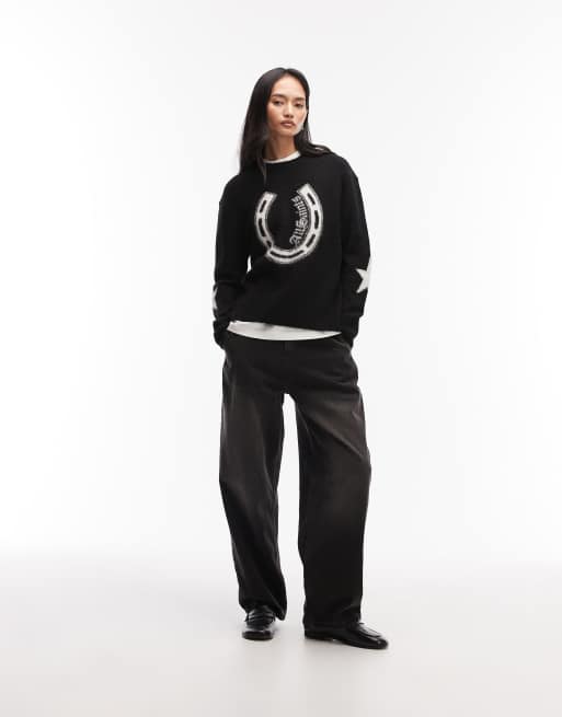 AllSaints - Kismet - Maglione girocollo nero e bianco con grafica a ferro di cavallo, 2 di 4