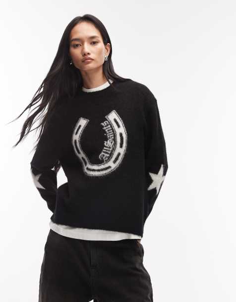 AllSaints - Kismet - Trui met ronde hals en grafische hoefijzerprint in zwart en wit - view 1