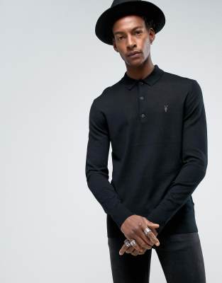 AllSaints knitted long sleeve polo shirt in merino wool