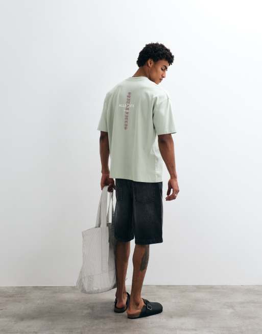 Allsaints Knox embroidered logo t-shirt with back print in light green, 2 of 7