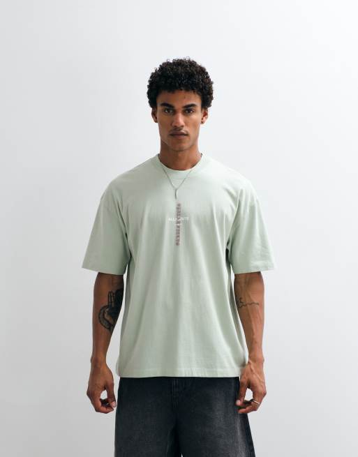Allsaints Knox embroidered logo t-shirt with back print in light green, 3 of 7
