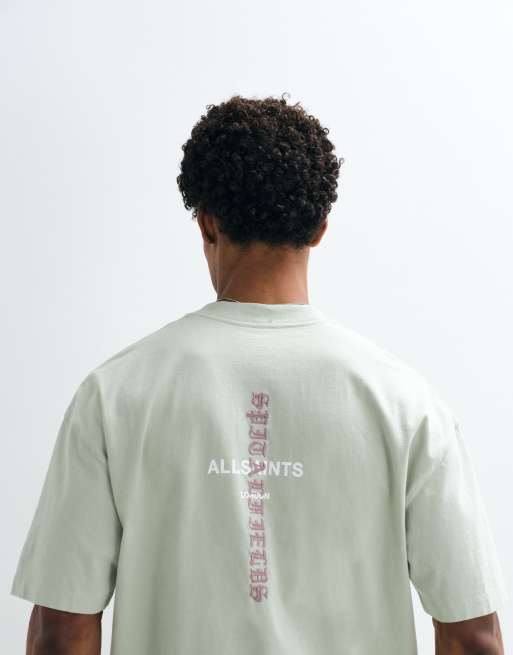 Allsaints Knox embroidered logo t-shirt with back print in light green, 4 of 7