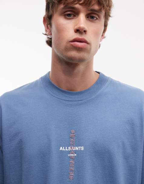 AllSaints Knox embroidered logo t-shirt with back print in mid blue - view 1