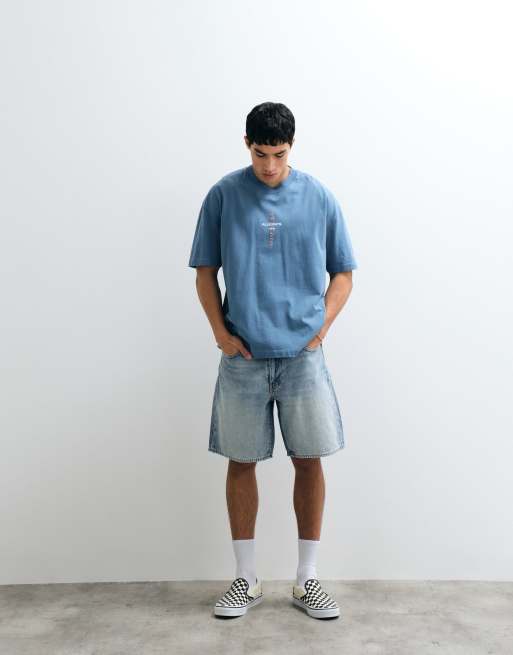 AllSaints Knox embroidered logo t-shirt with back print in mid blue, 2 of 7