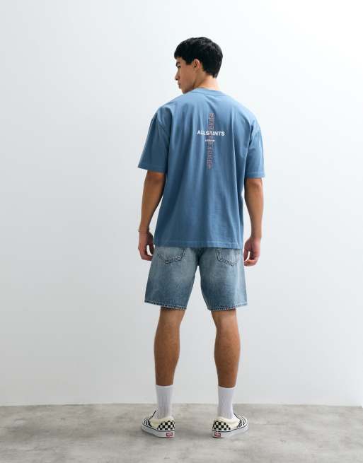 AllSaints Knox embroidered logo t-shirt with back print in mid blue, 4 of 7