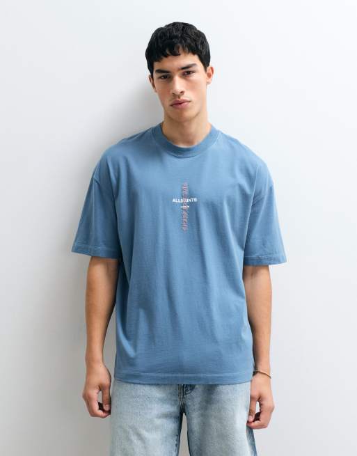 AllSaints Knox embroidered logo t-shirt with back print in mid blue, 5 of 7