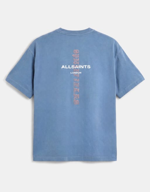 AllSaints Knox embroidered logo t-shirt with back print in mid blue, 7 of 7
