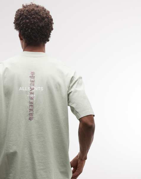AllSaints – Knox – Jasnozielony T-shirt z haftowanym logo i nadrukiem na plecach - view 1