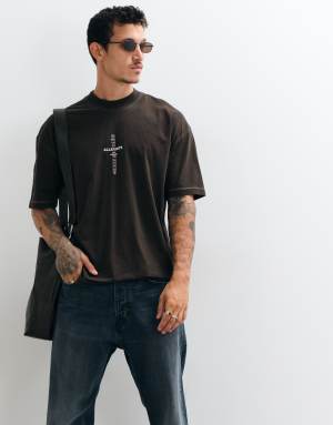 AllSaints Knox short sleeve graphic embroidered logo t-shirt in dark brown