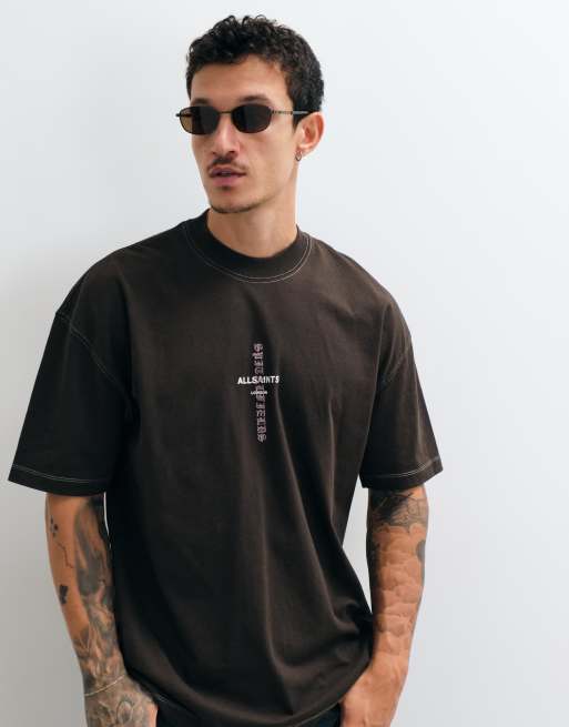 AllSaints Knox t-shirt à manches courtes avec logo brodé graphique en marron foncé, 5 de 5