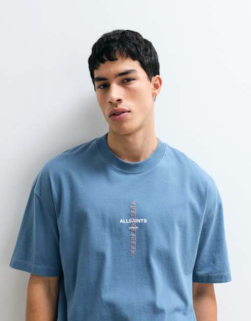 AllSaints - Knox - T-shirt blu medio con logo ricamato e stampa sul retro, 3 di 9