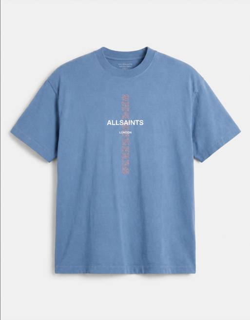 AllSaints - Knox - T-shirt blu medio con logo ricamato e stampa sul retro, 6 di 9