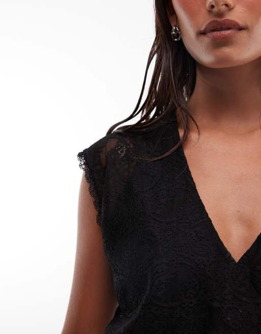 AllSaints koronkowy top kopertowy bez rękawów w czerni, 3 z 4