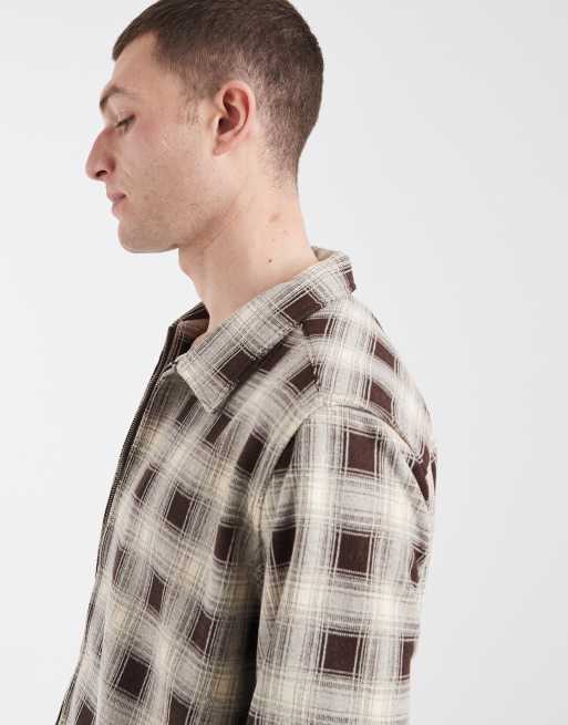 AllSaints Krater long sleeve zip through shirt in black and beige check, 4 of 5