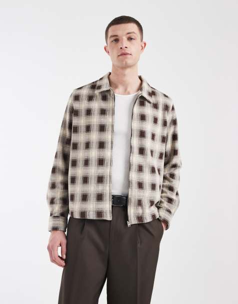 AllSaints Krater long sleeve zip up shirt in black and beige plaid - view 1