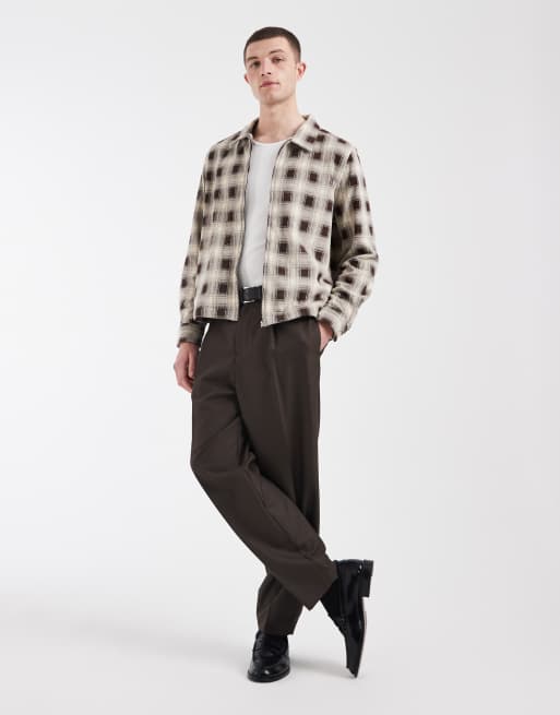 AllSaints Krater long sleeve zip up shirt in black and beige plaid, 2 of 5