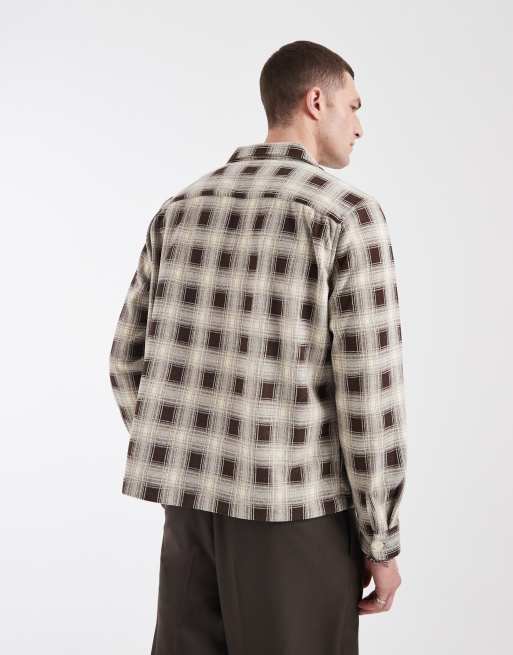 AllSaints Krater long sleeve zip up shirt in black and beige plaid, 3 of 5