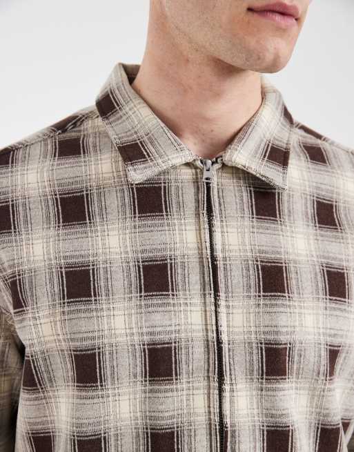 AllSaints Krater long sleeve zip up shirt in black and beige plaid, 5 of 5