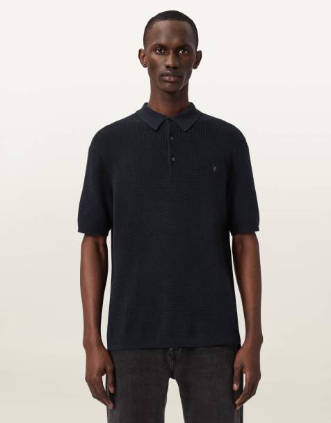 AllSaints – Kurzärmliges Polohemd in Bond Blue mit Waffelstruktur und Rundhalsausschnitt - view 1