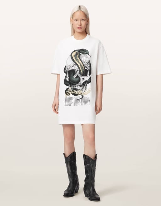 AllSaints – Kurzärmliges T-Shirt-Minikleid in Weiß mit Schlangenkopf-Grafik-Logo, 2 von 4